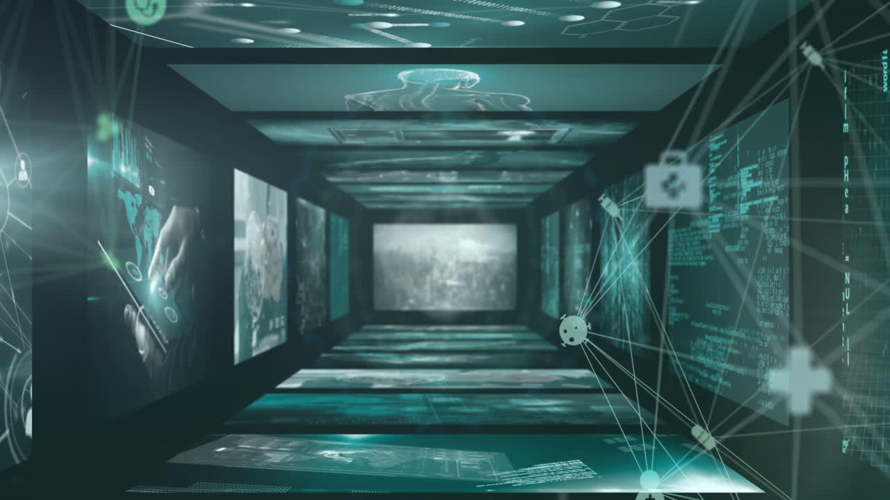 두 개의 디지털 아이콘의 세계가 의료 데이터 처리를 가진 스크린에 대해 회전하는 애니메이션