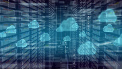 animazione di nuvole e dati binari sulla sala server