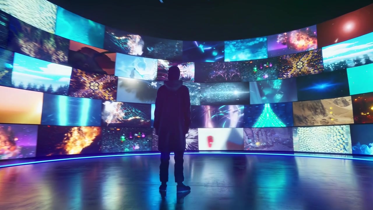 Persona in piedi davanti a una parete video digitale curva che mostra contenuti astratti