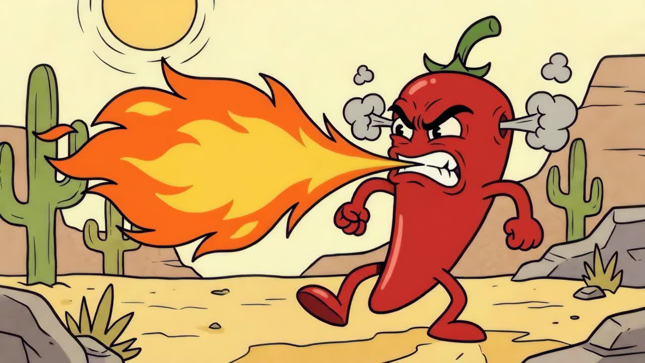 Cartone animato di peperoncino arrabbiato in fiamme