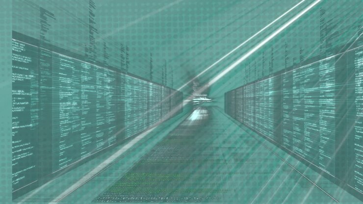 Digital animation of light trails over screens with data processing against green background