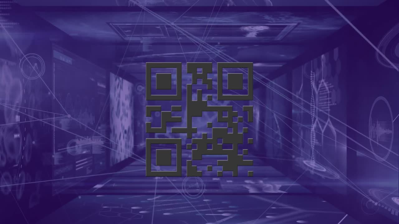 Digital animation of glowing qr code against glowing neon blue tunnel on black background