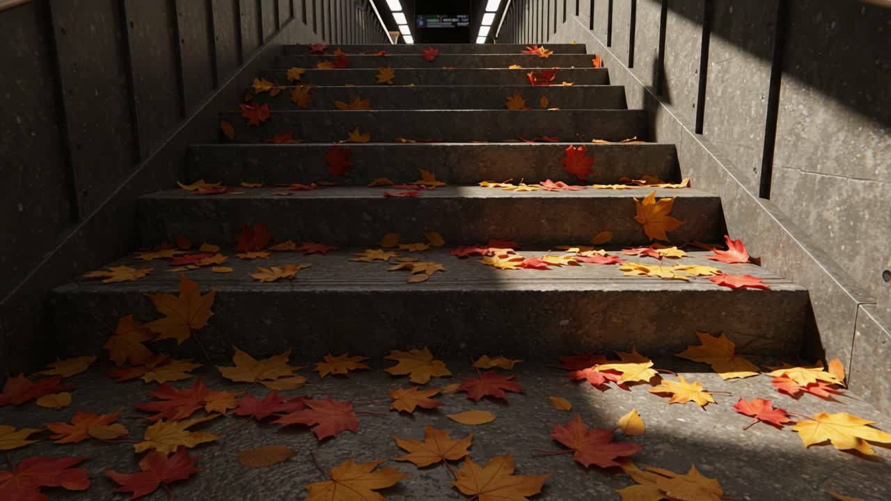 A Serene Journey Through Autumn: Captivating Views of Colorful Leaves Adorning Stone Steps Leading Upwards in a Tranquil Environment