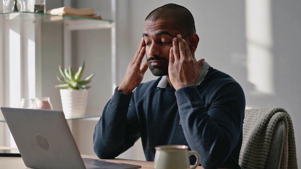 After laptop use, man in navy sweater rubbing temples and pressing brow at home office desk