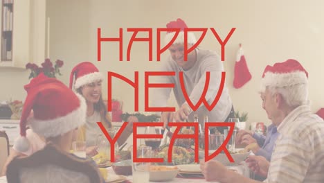 Animation-of-happy-new-year-text-in-red-over-family-in-santa-hats-at-dinner-table