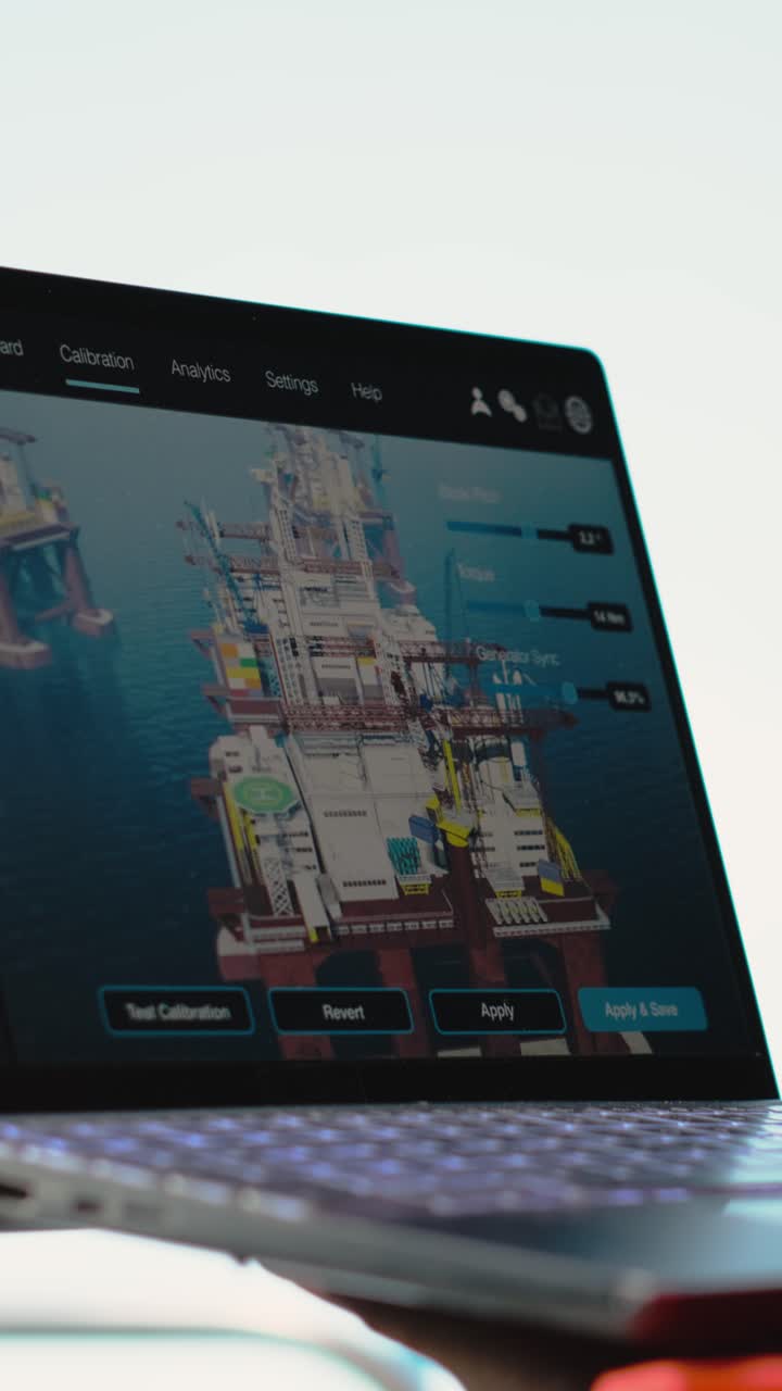 Vertical video Close up of laptop used by drilling rig worker to monitor infrastructure systems