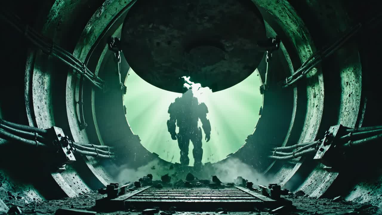 Un soldato futuristico che emerge da un tunnel