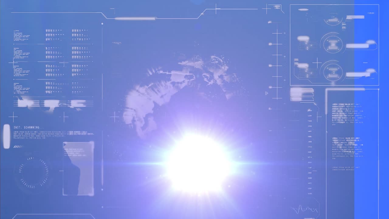 빛 트레일의 애니메이션과 파란색 배경에 지구를 가진 데이터 처리