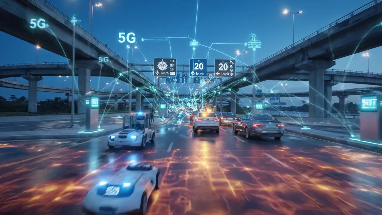 Paesaggio urbano futuristico che mostra infrastrutture di trasporto ad alta tecnologia con elementi digitali interconnessi che illuminano l'ambiente autostradale urbano al tramonto.