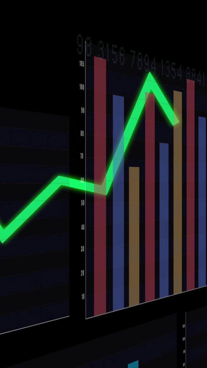 Animazione di grafici e diagrammi di dati finanziari su sfondo scuro