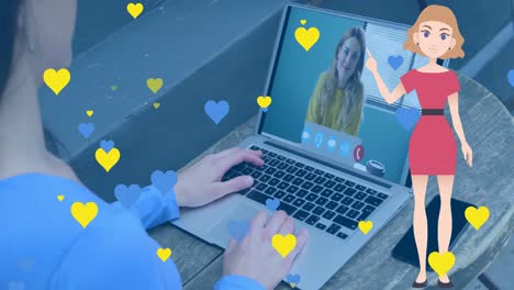 Animation-of-falling-hearts-and-women-over-man-using-laptop