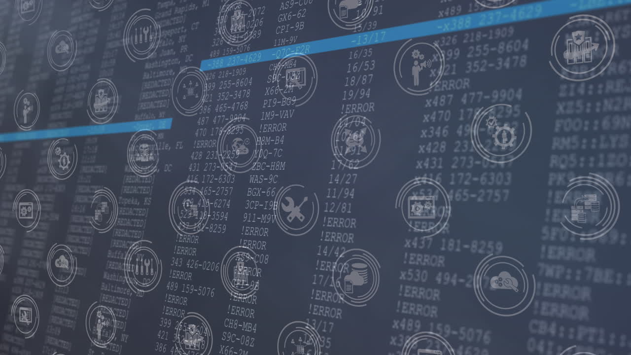 animación de múltiples iconos digitales en el procesamiento de datos contra un fondo azul