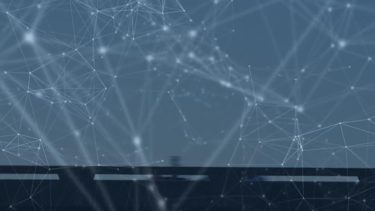 Animation of network of connections with cars on the road on blue back ground