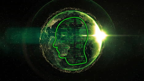 animación de la cabeza con codificación binaria procesamiento de datos sobre el globo