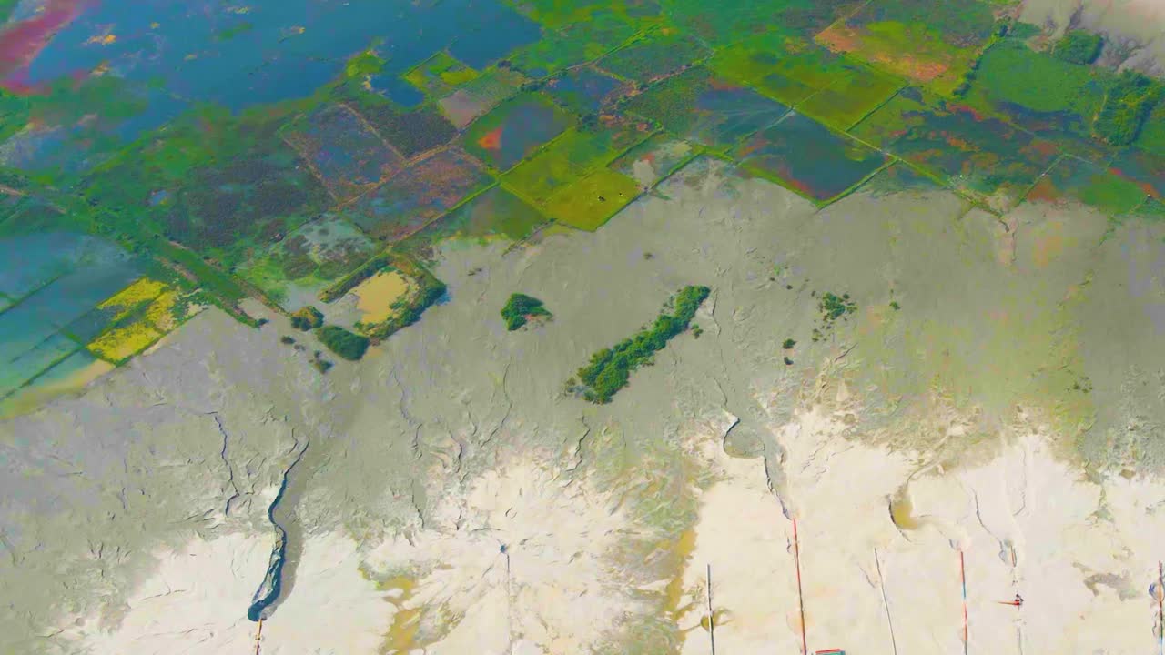 Top aerial view of wetlands in Bangladesh with paddy fields.