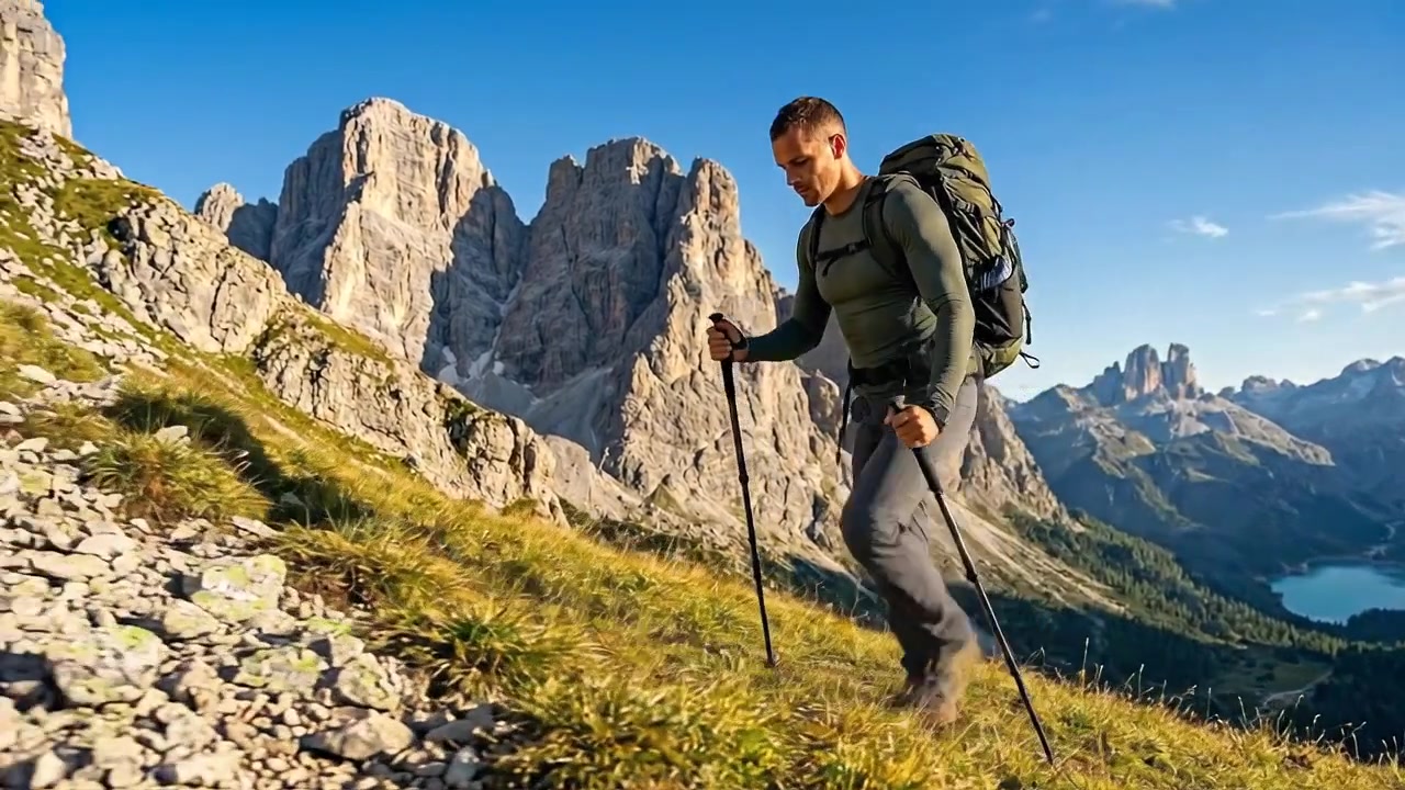 Escursionista solitario che cammina tra le montagne alpine