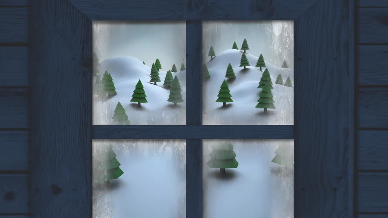 Wooden window frame against multiple trees on winter landscape