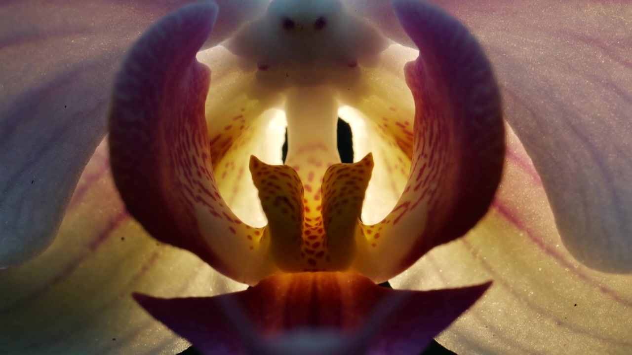 Shifting backlight causing camera adjusting focus on orchid column lip in studio, revealing spots