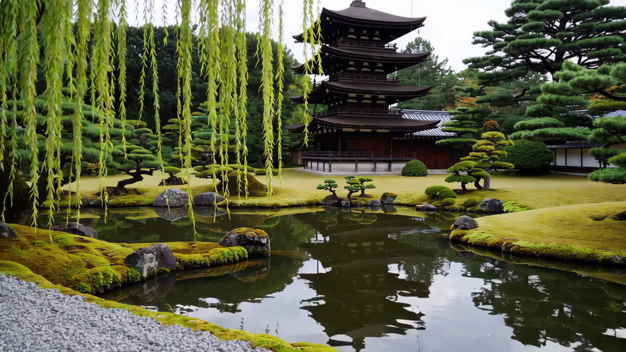 Japanese Temple Garden with Pagoda and Pond