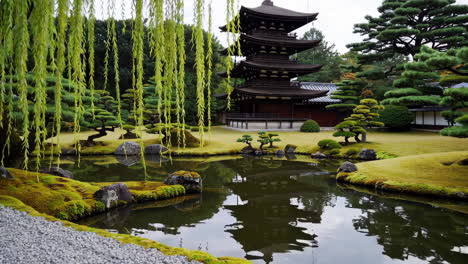 japanese temple garden with pagoda and pond