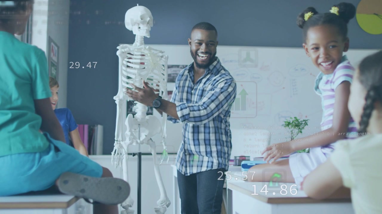 Teacher steadying skeleton, teaching anatomy while kids leaning in and HUD hovering over skeleton