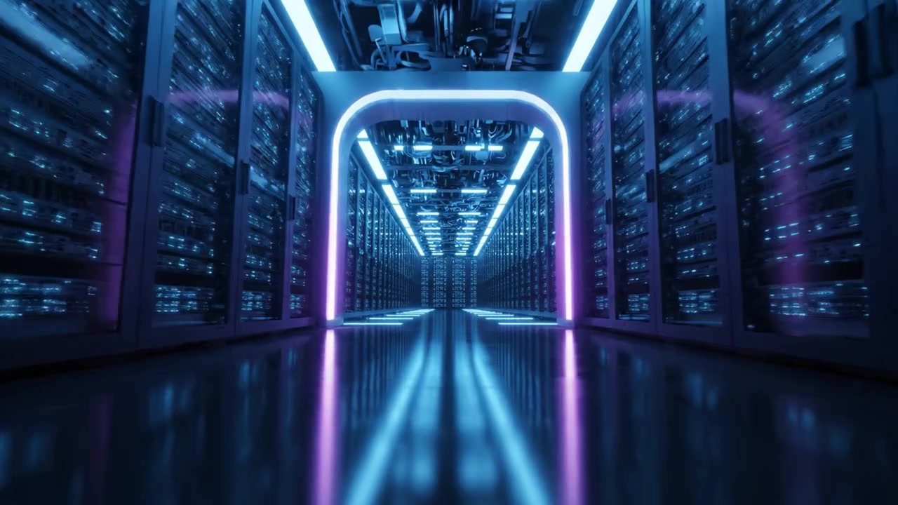 Futuristic Data Center Corridor with Illuminated Racks and High-Tech Servers Showcasing Advanced Storage Solutions and Modern Networking Infrastructure