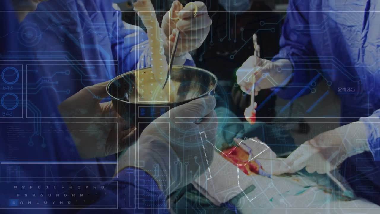 수술 중에 외과 의사의 손 위에 디지털 화면의 애니메이션