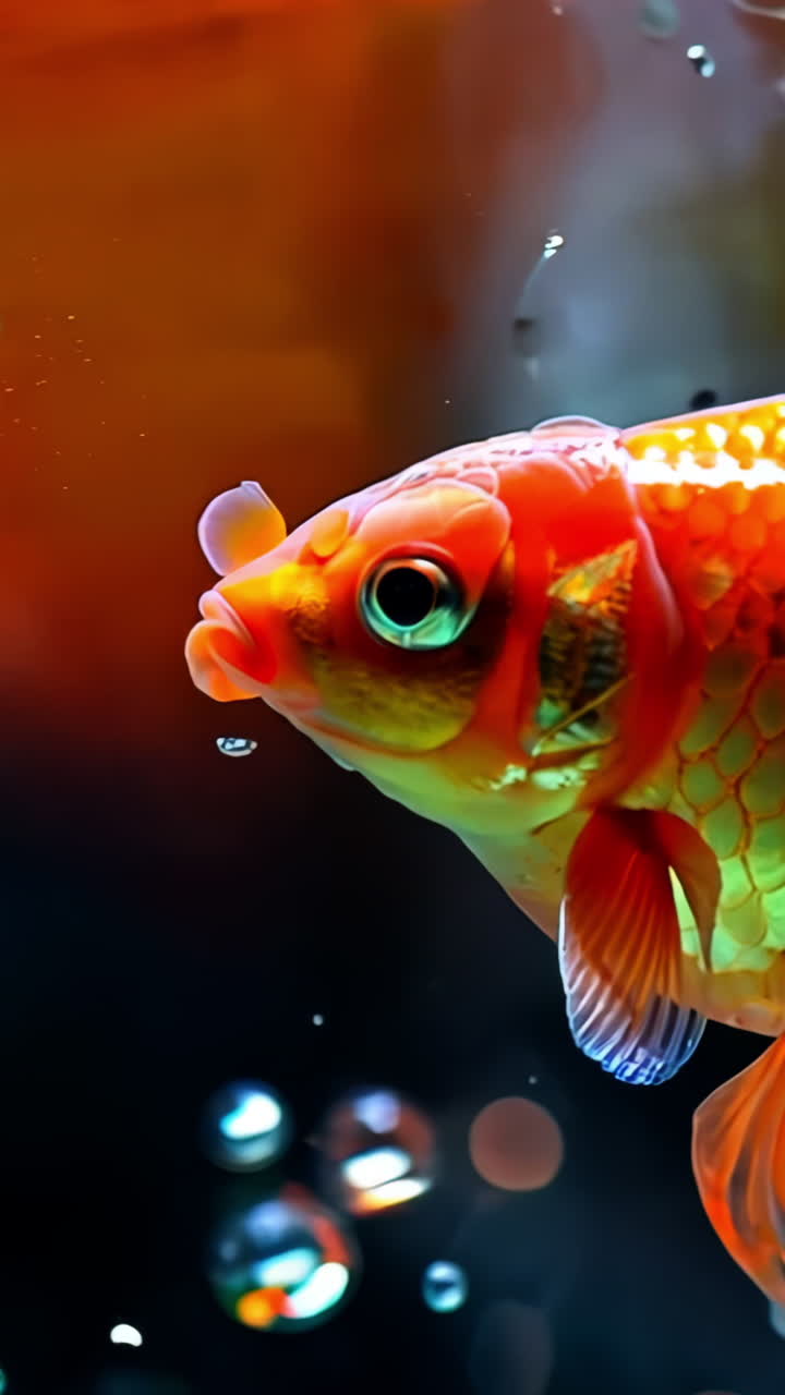 A goldfish is swimming in a clear bubble. The bubble is surrounded by water and the fish is swimming in it