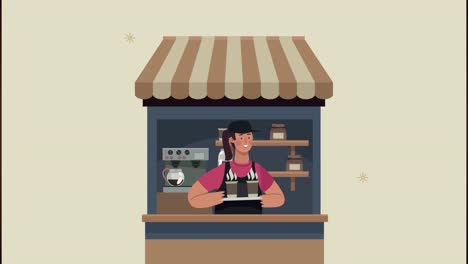 animación de una cafetería con una trabajadora en un quiosco