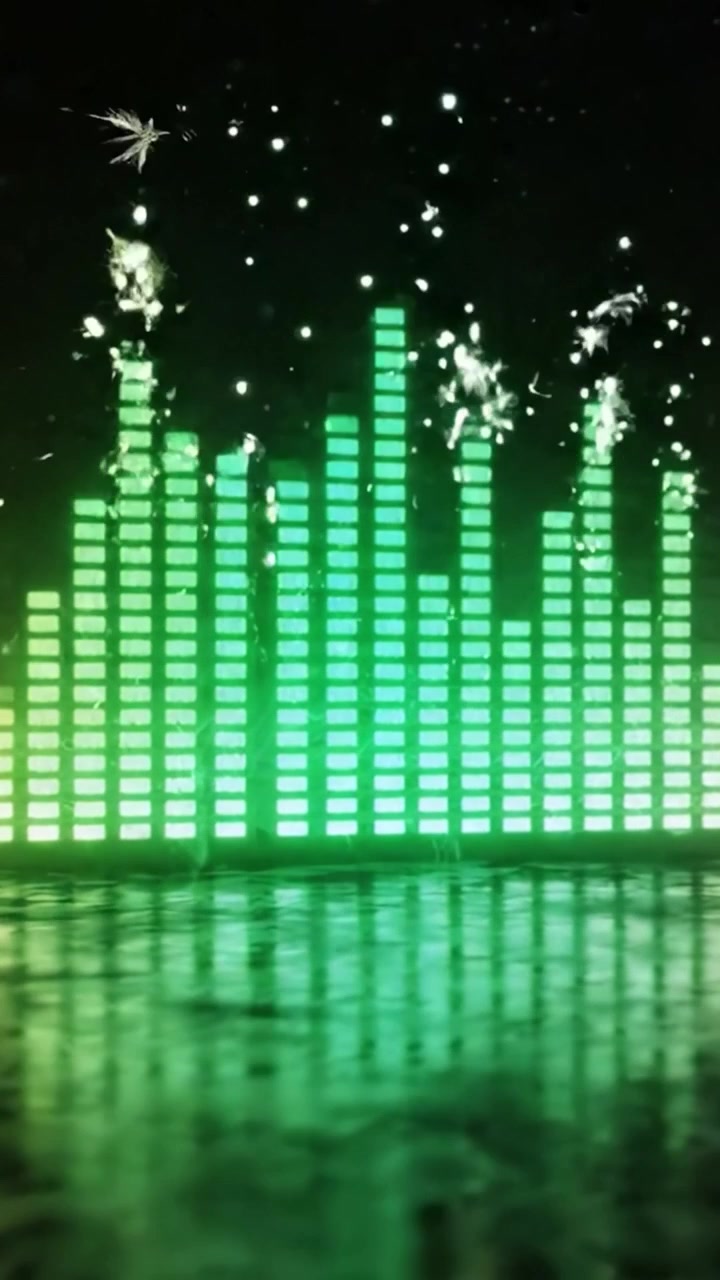 Dynamic Visual Display of Audio Frequencies with Colorful Equalizer Bars Reflecting on a Glossy Surface in a Darkened Environment