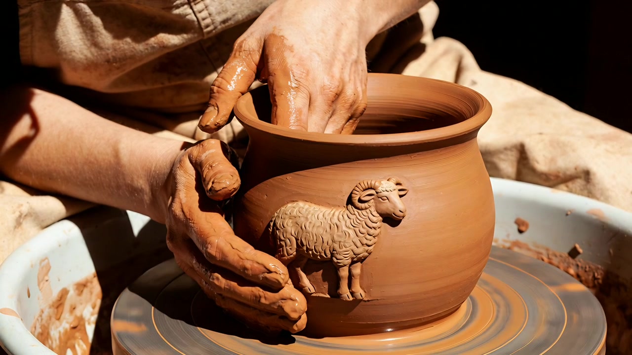 Un vasaio modella un vaso di argilla su un tornio che gira, in studio, indossando un grembiule, rifinendo il bordo con un rilievo di pecora.