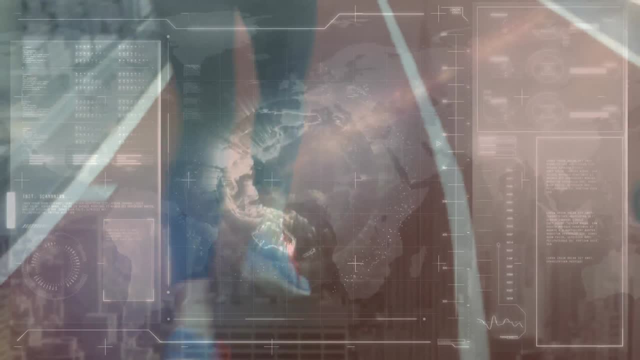 실내 스포츠 트랙에서 달리는 여성들에 대한 디지털 인터페이스에 대한 데이터 처리 애니메이션