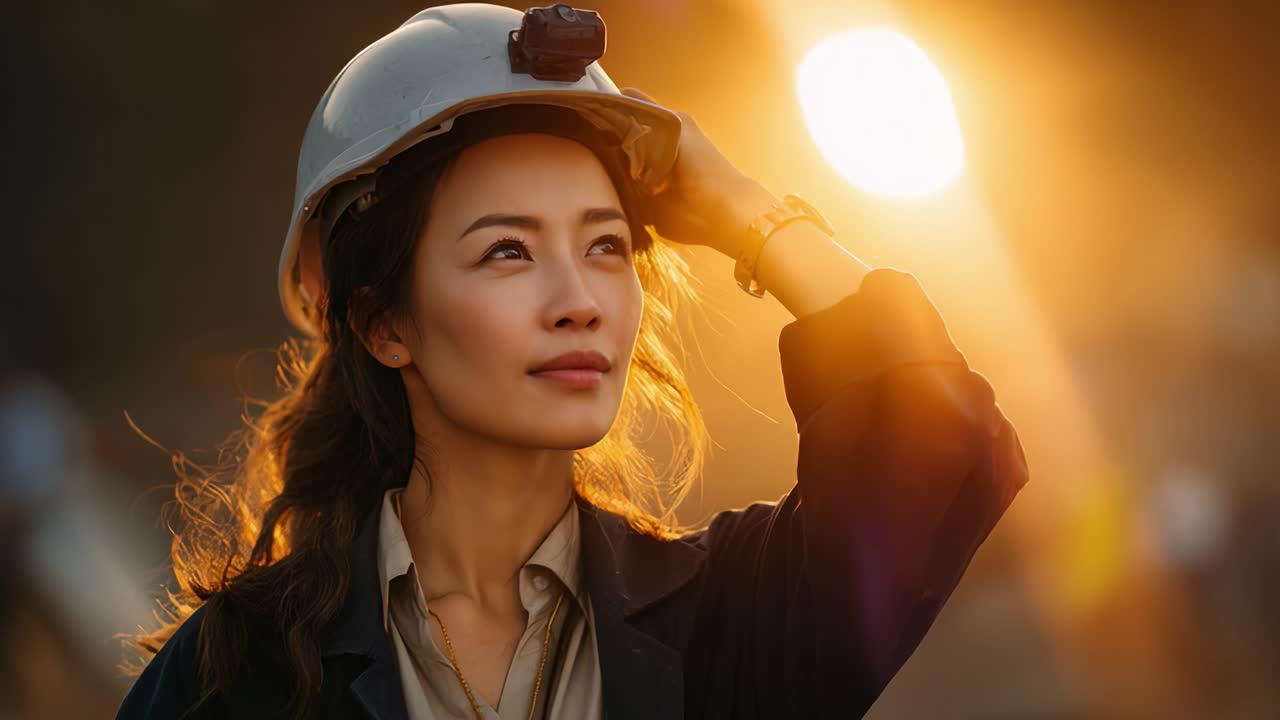 Young woman wearing a construction helmet gazes thoughtfully toward the horizon, illuminated by the warm glow of the setting sun in a vibrant, dramatic atmosphere, embodying determination and resilience