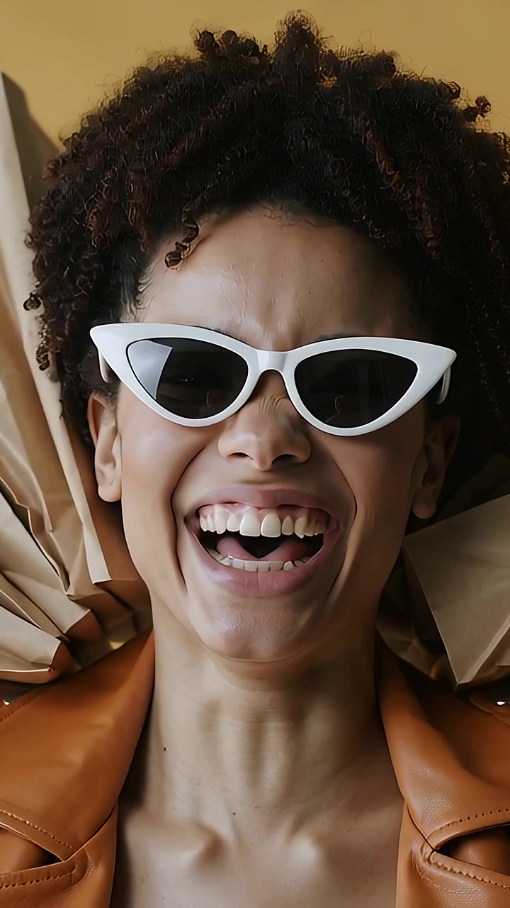 Vertical video: Model in jacket, cat-eye shades laughing as camera starting in studio, paper collar