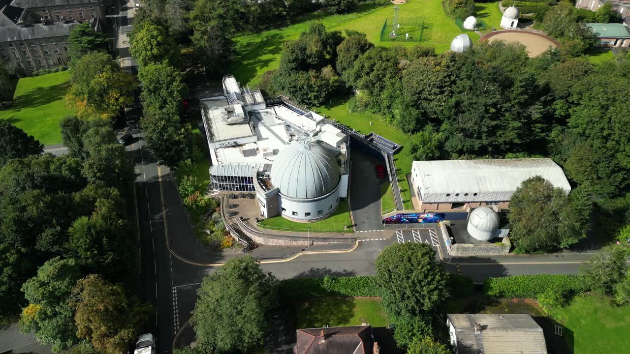 Overhead rotating 4K 30FPS aerial video of Armagh Planetarium and the surrounding area in Armagh, Northern Ireland in the UK. Produced in Rec709 color