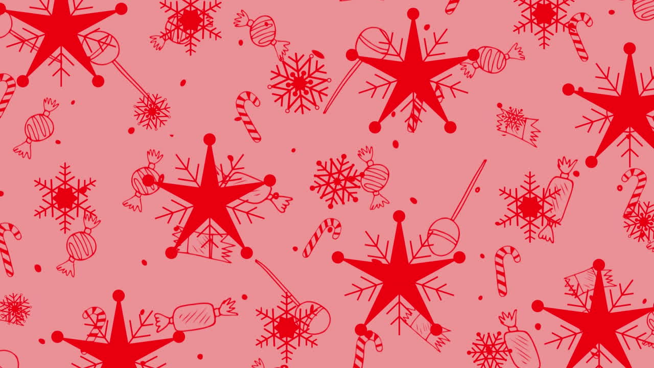 estrellas de navidad, caña de caramelo y iconos de copos de nieve contra un fondo rojo