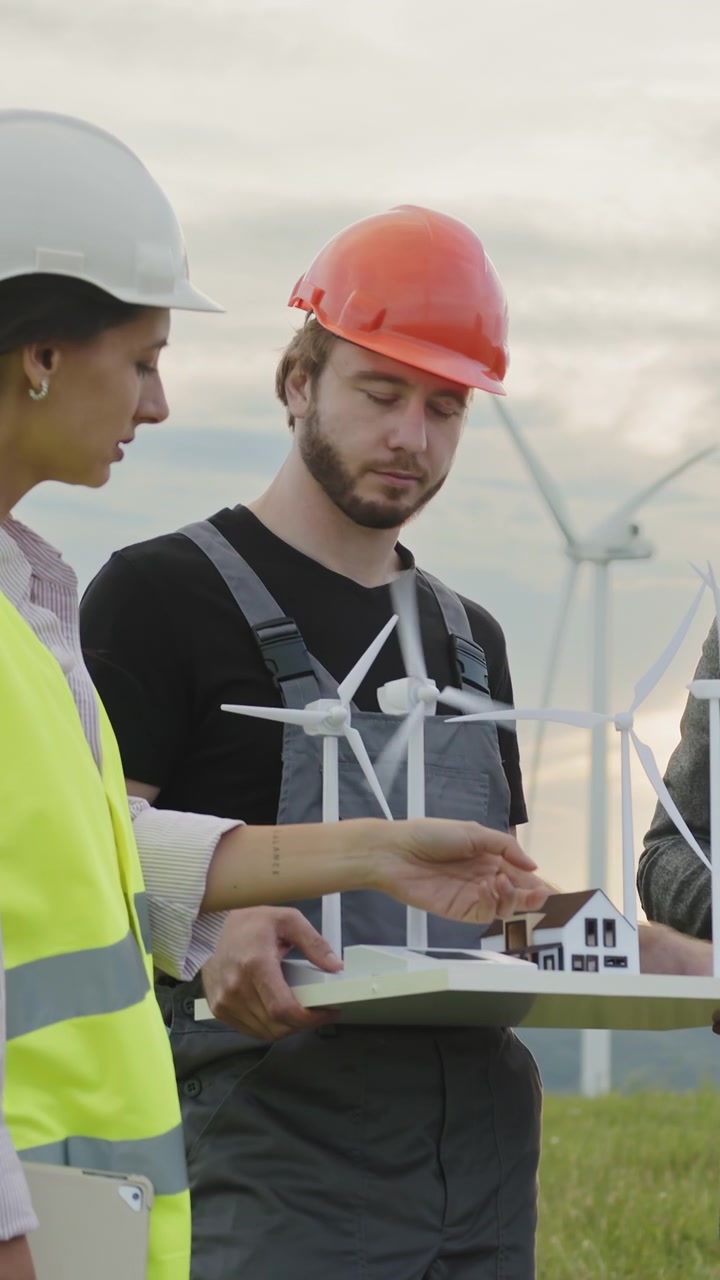 Engineers in hard hats and safety vests examine a model of wind turbines and houses at a wind farm