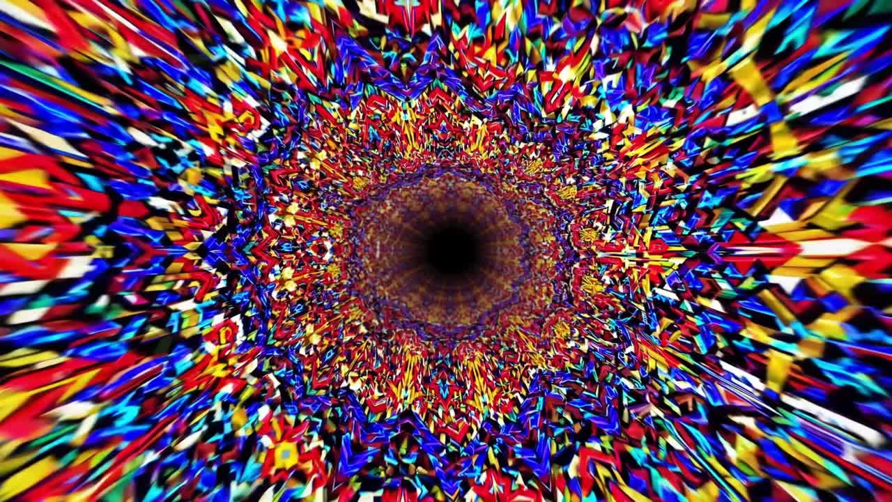 Transisi terowongan kaleidoskopik yang dinamis melalui pola warna-warni, menciptakan perjalanan visual memukau ke dalam pusaran bentuk dan rona dinamis