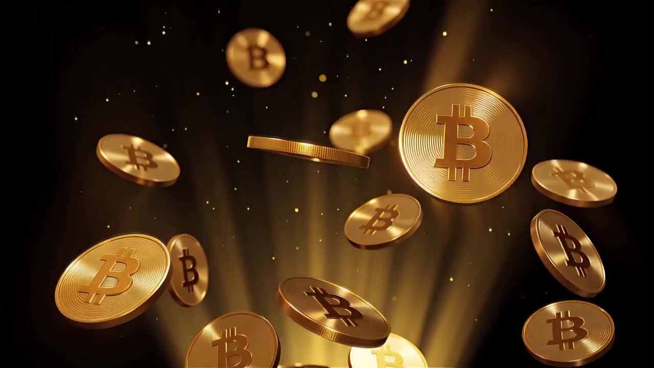 Bitcoin in rotazione su sfondo nero drammatico 4k
