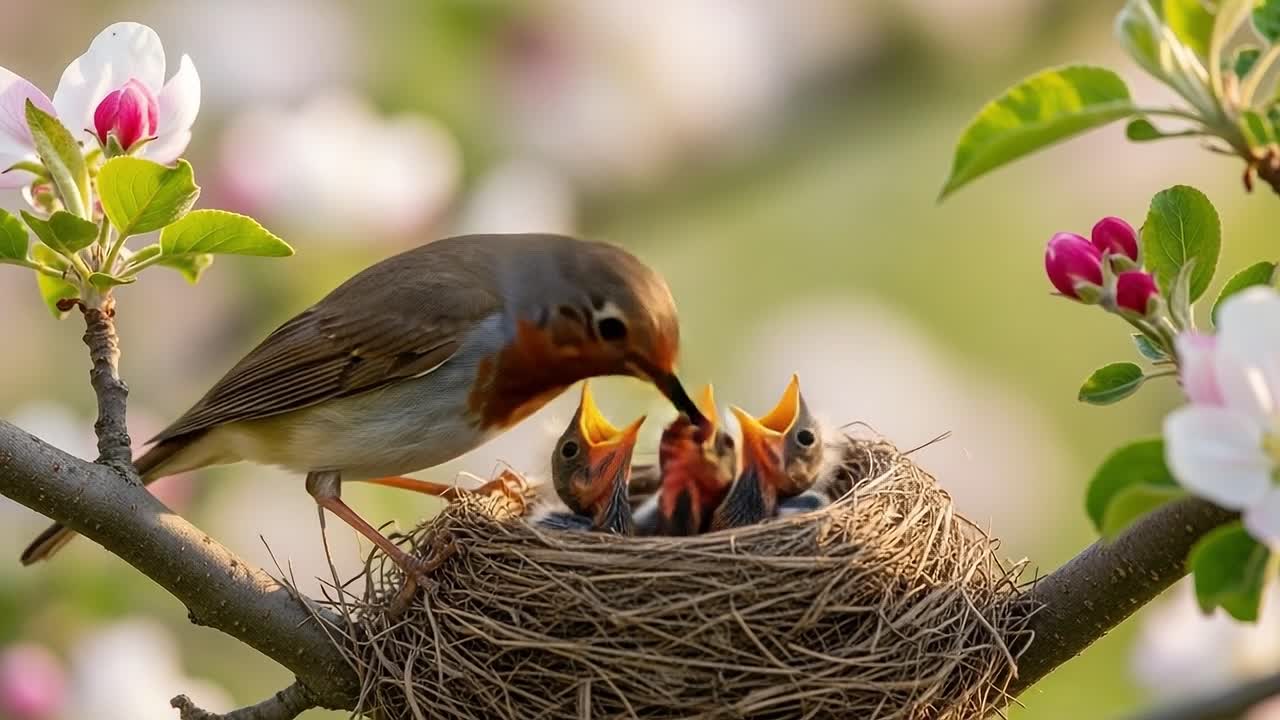 Nurturing Moments: A Parent Bird Feeds Its Hungry Chicks Nestled Among Blooming Flowers in a Serene Spring Landscape