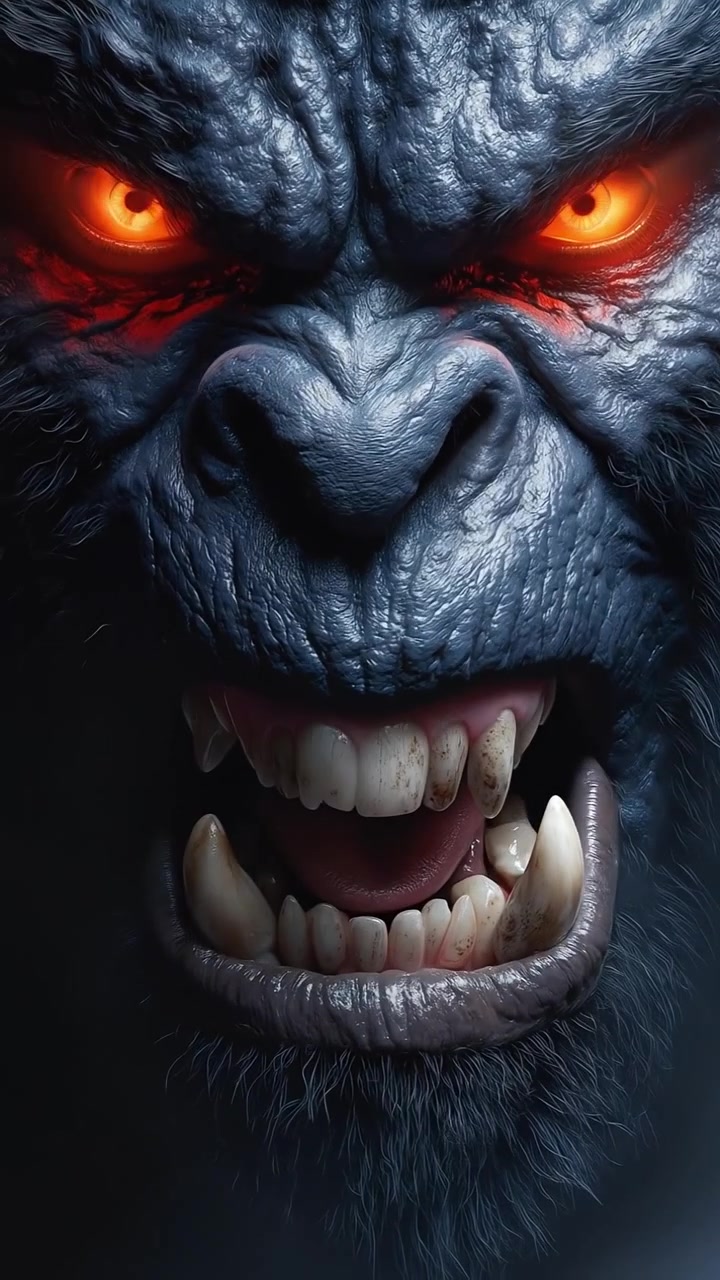 Vertical close up of a furious fantasy gorilla monster with glowing red eyes snarling and showing teeth