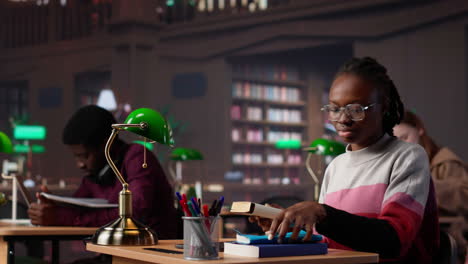 vertical video black girl focuses on her exam preparations in the campus library