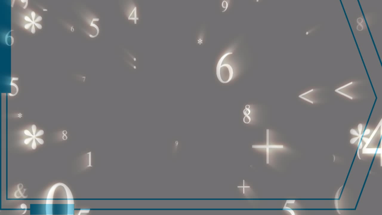 animación digital de múltiples números y símbolos flotando contra un fondo gris