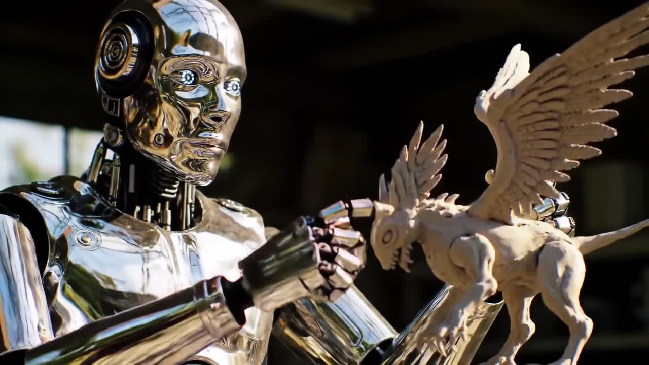 A humanoid robot with a reflective exterior reaches out to touch a small sculpture of a mythical creature in a creative workshop. The atmosphere is filled with artistic energy and innovation.