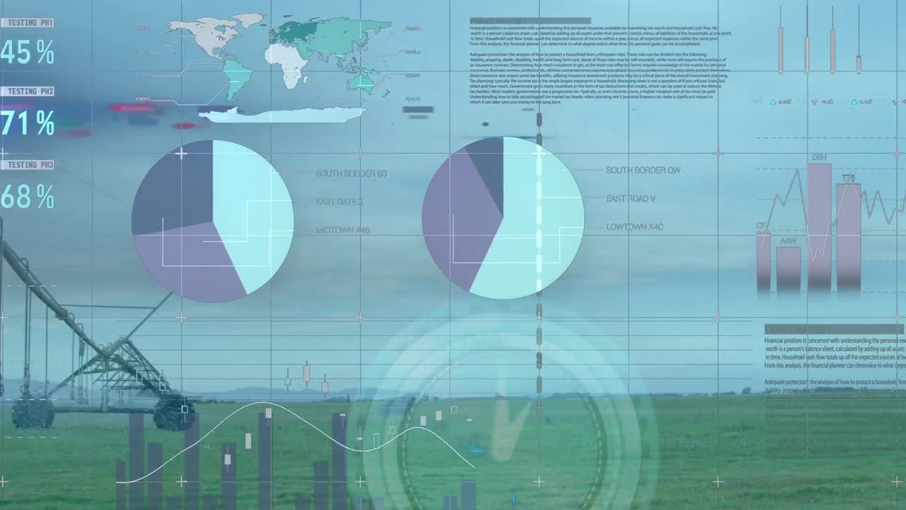 Animation of infographic interface with data, clock over view of lush landscape against clear sky