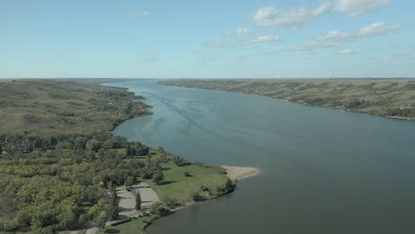 Aerial-panoramic-view,-Buffalo-Pound-Lake,-Provincial-Park,-Saskatchewan,-Canada