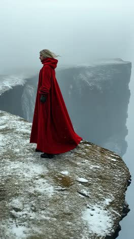 woman in red cloak stands on snowy cliff edge in misty landscape