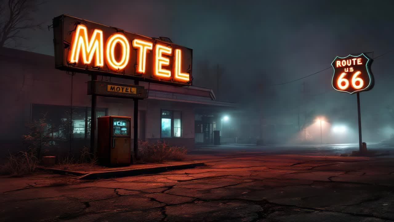 Neon-lit motel scene with vintage signage and atmospheric fog creating a nostalgic ambiance