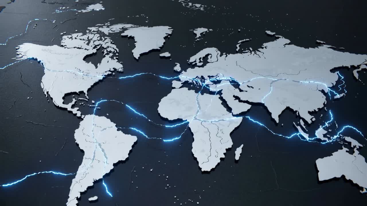 Starting faint blue streaks sparking 3D map pulsing across dark panel, visualizing data nodes