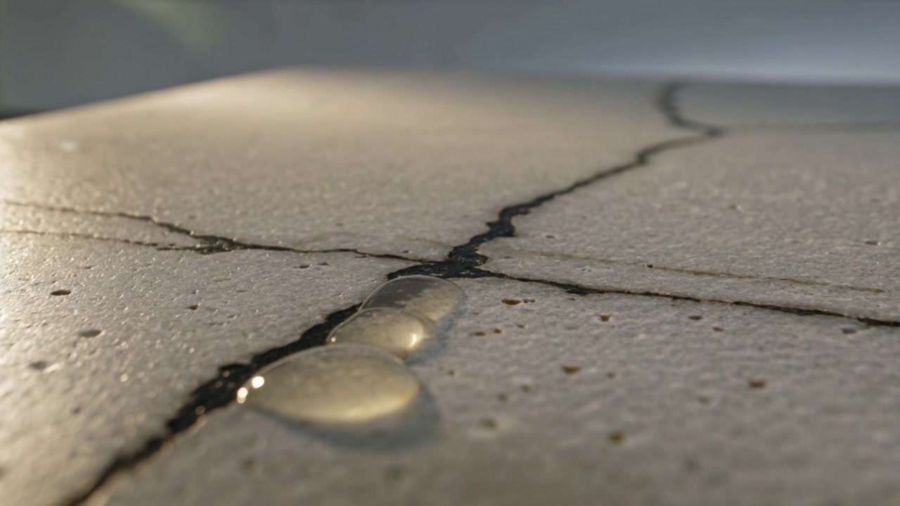 Si forma la terza goccia, una catena di goccioline trasparenti scivola lungo una crepa scura su una piastrella del patio, fondendosi in una goccia.